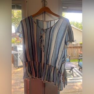 Vanilla Star Blue and Brown Ruffled Tie Front Blouse